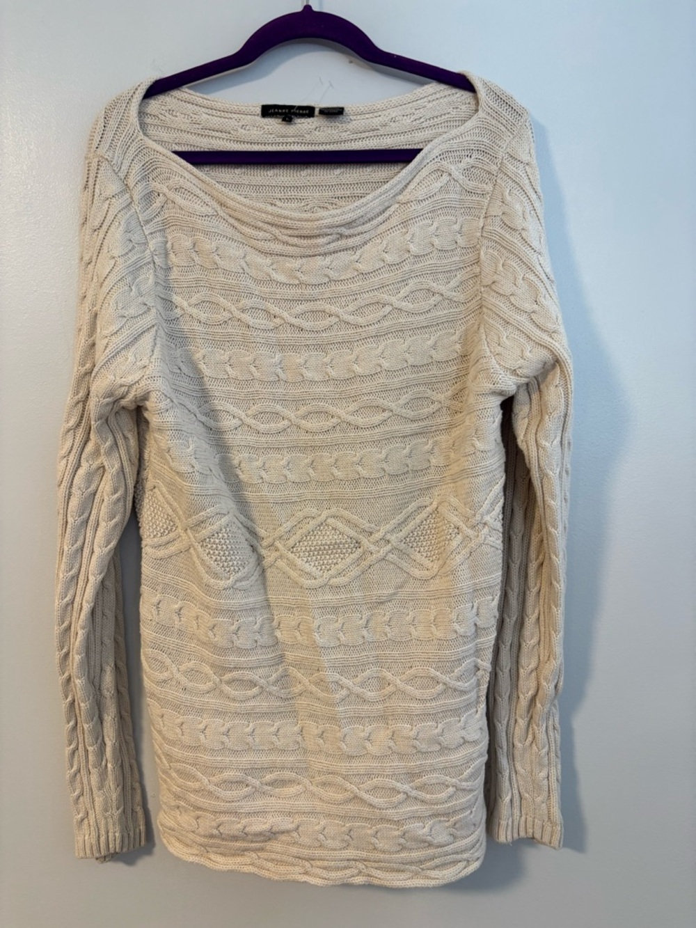 Jeanne Pierre cream cable knit bateau boat neckline long sleeve cotton sweater L